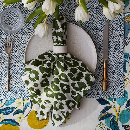 Matouk Schumacher - Iconic Leopard Green Table Linens at Fig Linens and Home