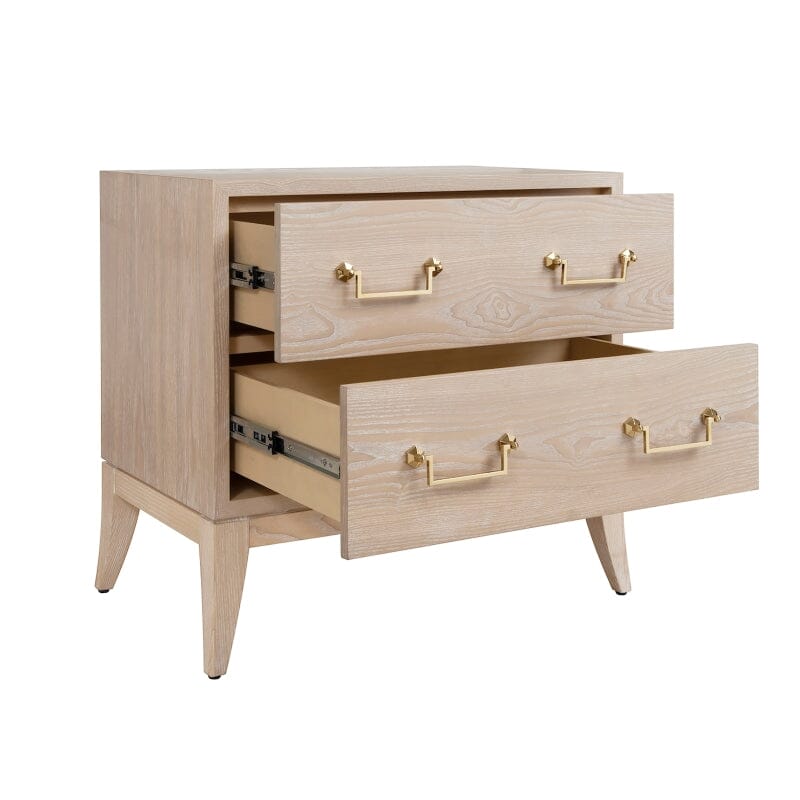 Kenna SABRE LEG 2 DRAWER SIDE TABLE WITH BRASS SWING HANDLE IN CERUSED OAK - Side Open