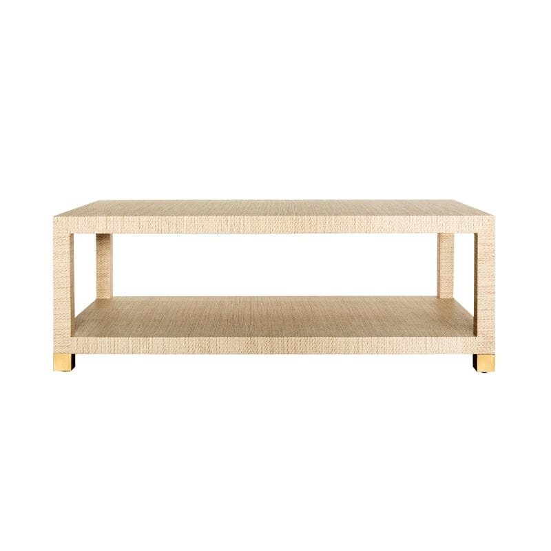Patricia COFFEE TABLE WITH ANTIQUE BRASS FOOT CAPS IN NATURAL GRASSCLOTH - Front