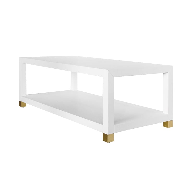 Patricia COFFEE TABLE WITH ANTIQUE BRASS FOOT CAPS IN MATTE WHITE LACQUER - Angle