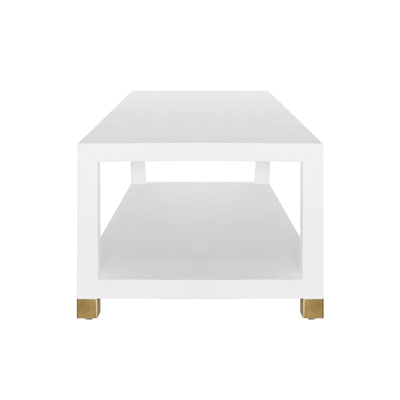 Patricia COFFEE TABLE WITH ANTIQUE BRASS FOOT CAPS IN MATTE WHITE LACQUER - Side