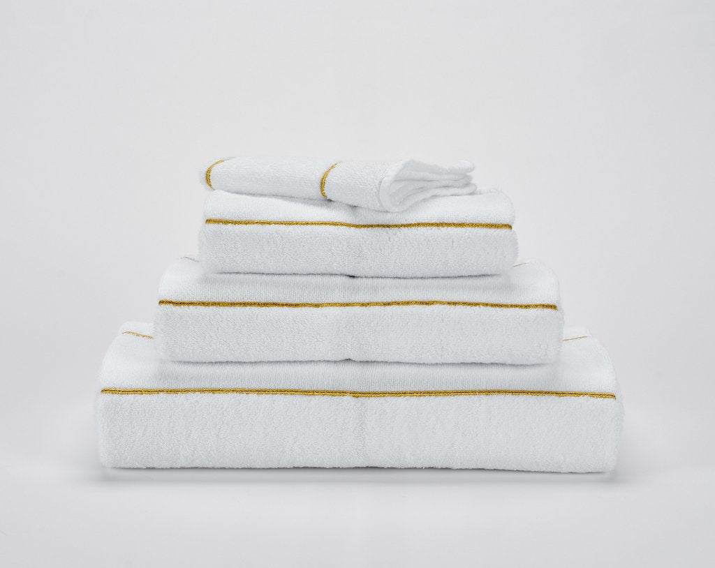 Fig Linens - Lara Bath Towels by Abyss & Habidecor - White and Gold Towels - Stack