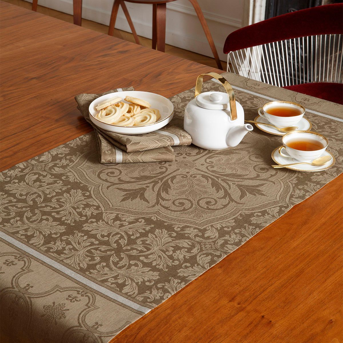 Fig Linens - Armoiries Brown Table Linens by Le Jacquard Français - Table Runner