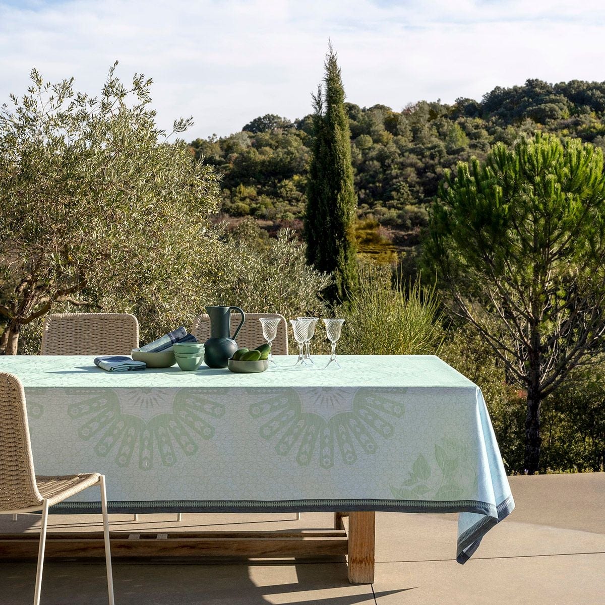 Jardin D’Orient Light Green Table Linens by Le Jacquard Français - Tablecloth - Lifestyle