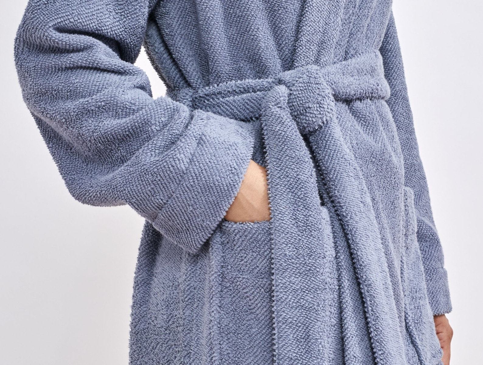 French Blue Air Weight Unisex Organic Robe with pockets and Belt by Coyuchi | Fig Linens