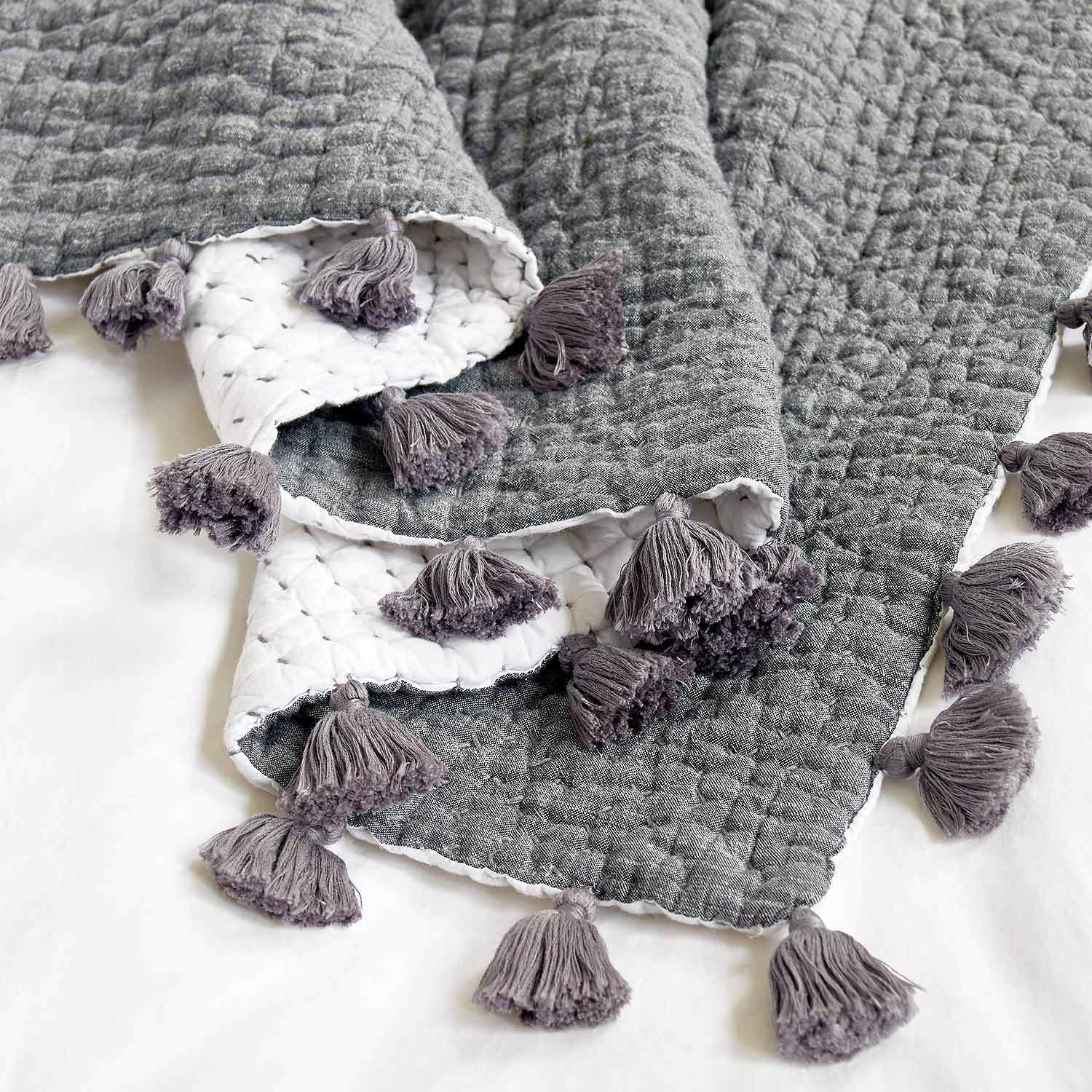 Sahati Charcoal Throw with pom poms by John Robshaw - Fig Linens