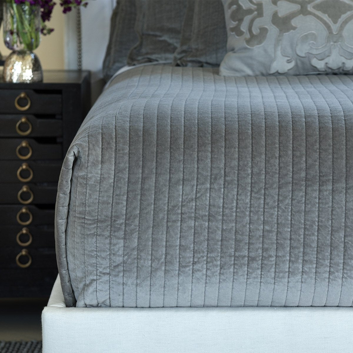 Aria Light Grey Velvet Quilted Coverlet by Lili Alessandra | Fig Linens