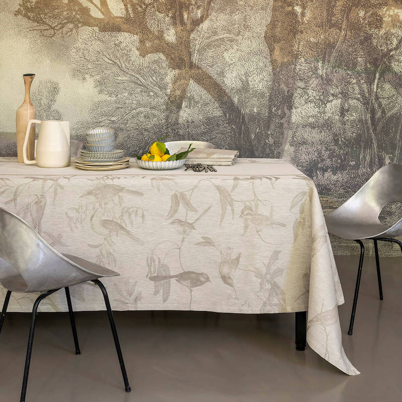 Voliere Beige Holiday Table Linens | Le Jacquard Francais Tablecloths