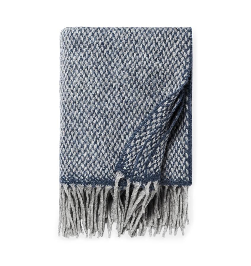 Indigo blue wool blend throw blanket with fringe - Tria by Sferra - Fig Linens