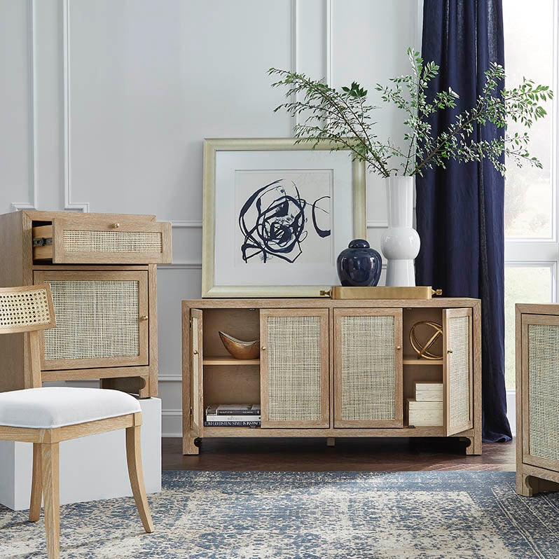 Ruth Cerused Oak One Door Cabinet with Cane Front by Worlds Away at Fig Linens and Home - Lifestyle