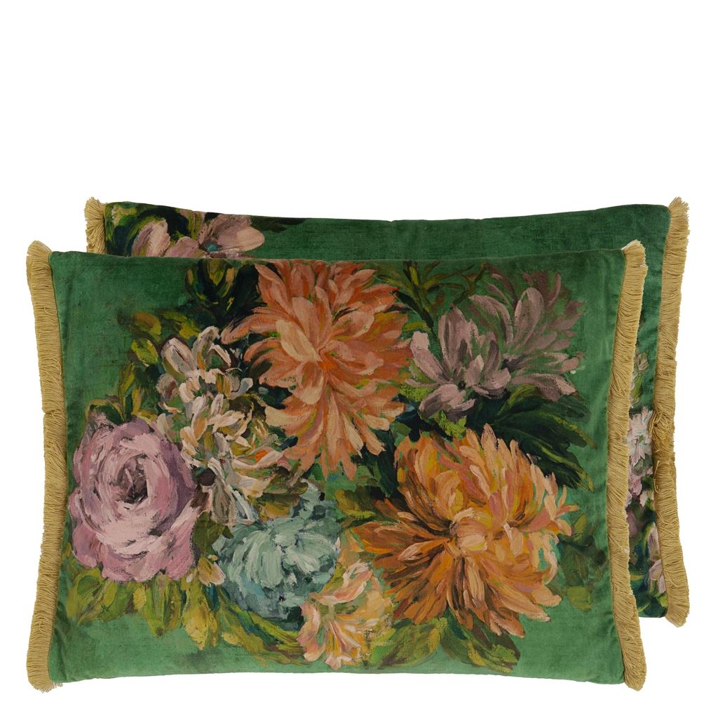 Fleurs d artistes Velours - Vintage Green - Cushion - 18&quot; X 24&quot;