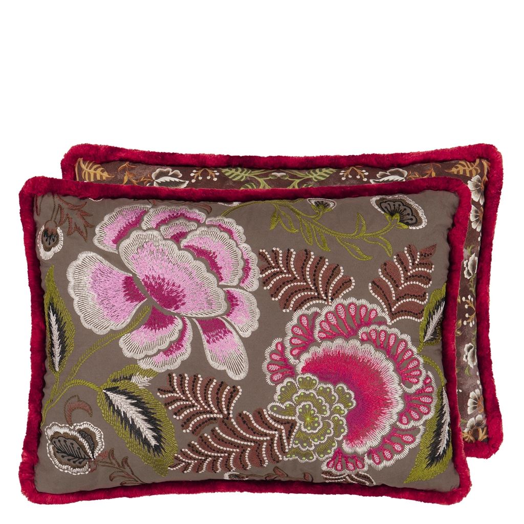 Rose de Damas Embroidered - Cranberry - Cushion - 18&quot; X 24&quot;