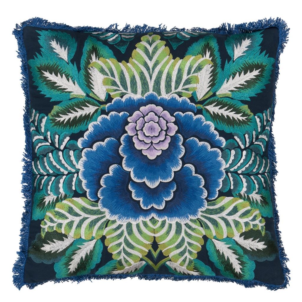 Rose de Damas Embroidered - Indigo - Cushion - 20" x 20"