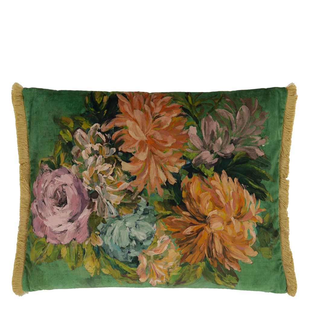 Fleurs d artistes Velours - Vintage Green - Cushion - 18" X 24"