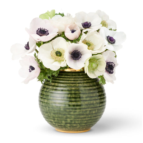 Calinda Round Vase in Forest Green by AERIN at Fig Linens and Home - Shown with Flowers 2