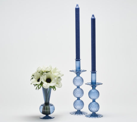 Kim Seybert BUD VASE: TESS S3 - Cadet Blue Glass Bud Vases Set at Fig Linens and Home 3 - Shown with Candlesticks