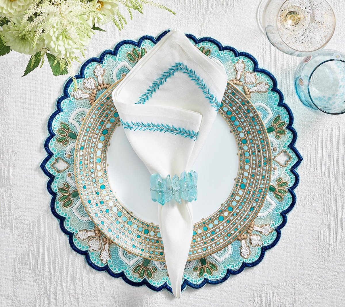 Kim Seybert Jardin Napkin in White & Turquoise Set of 4 by Kim Seybert - WHITE/TURQUOISE 21"L x 21"W x 0.1"H Napkin - Set of 4 at FIG LINENS AND HOME - 5