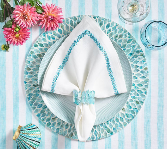 Kim Seybert Jardin Napkin in White & Turquoise Set of 4 by Kim Seybert - WHITE/TURQUOISE 21"L x 21"W x 0.1"H Napkin - Set of 4 at FIG LINENS AND HOME - 1