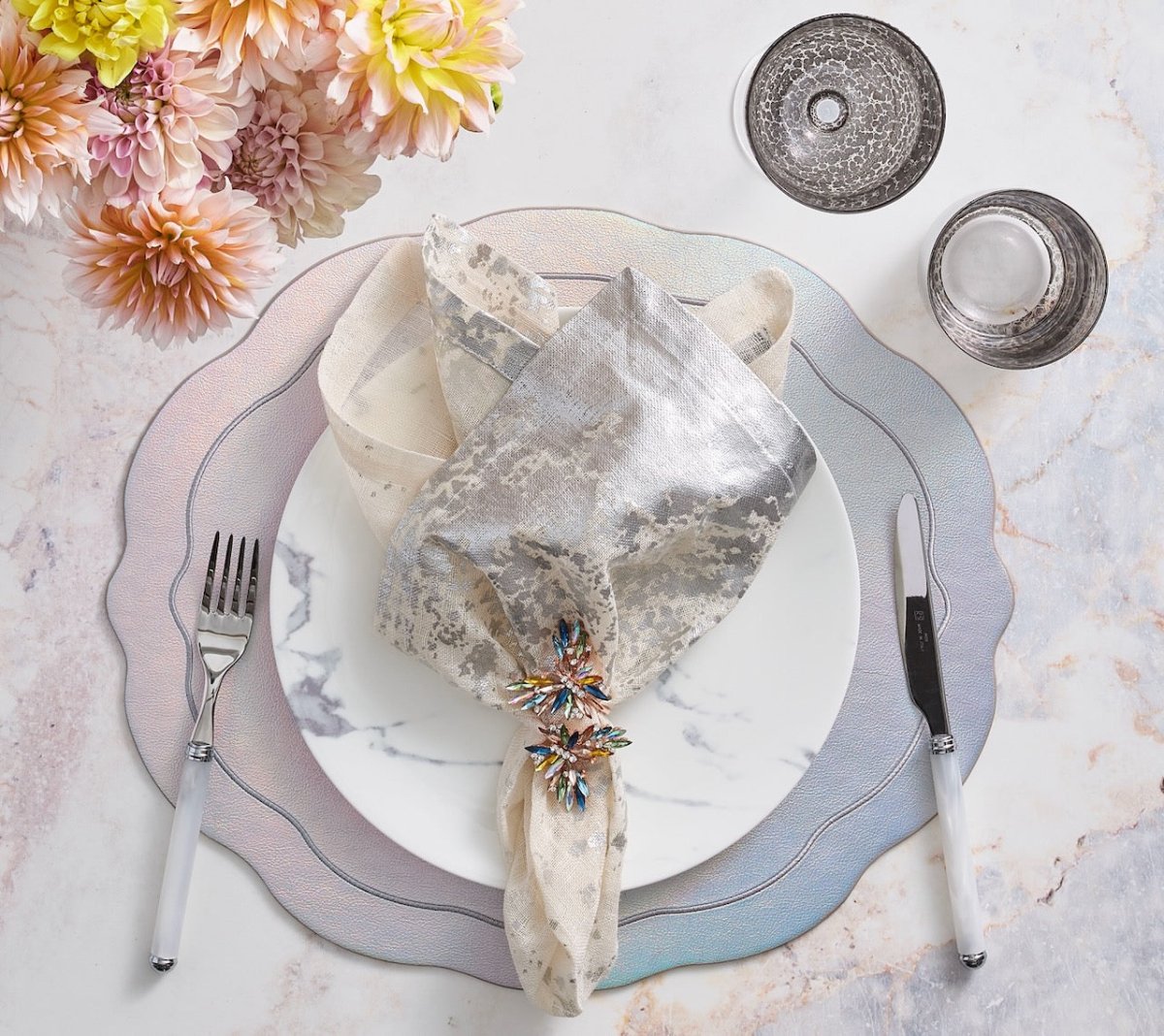 Kim Seybert Tailored Placemat in Iridescent & Silver Set of 4 by Kim Seybert - IRIDESCENT/SILVER 17.25"L x 15"W x 0.1"H Placemat - Set of 4 at FIG LINENS AND HOME - 5