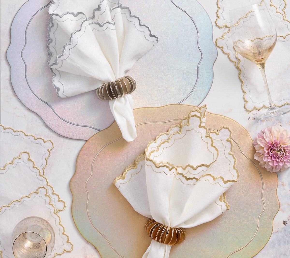 Kim Seybert Tailored Placemat in Iridescent & Silver Set of 4 by Kim Seybert - IRIDESCENT/SILVER 17.25"L x 15"W x 0.1"H Placemat - Set of 4 at FIG LINENS AND HOME - 6