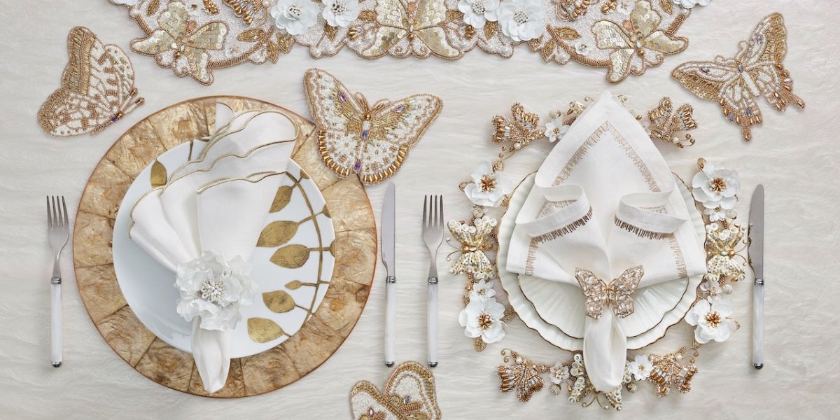 Kim Seybert Papillon Napkin Ring in Gold & Crystal Set of 4 in a Gift Box by Kim Seybert - GOLD/CRYSTAL 3.25"L x 2.5"W x 2"H Napkin Ring - Set of 4 at FIG LINENS AND HOME - 3