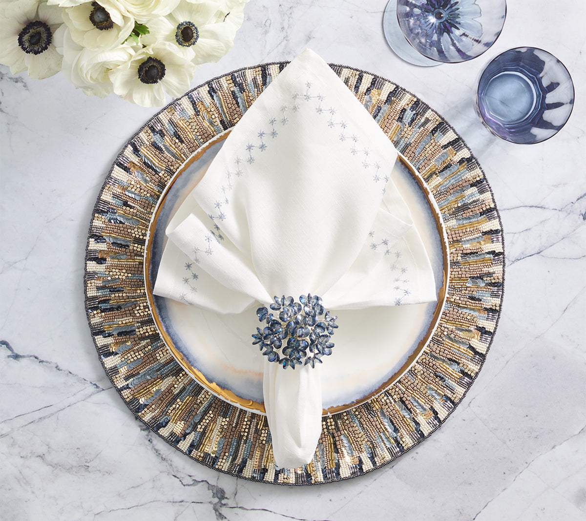 Kim Seybert Diadem Placemat in Ivory & Blue, Set of 2 at Fig Linens and Home - Lifestyle 4