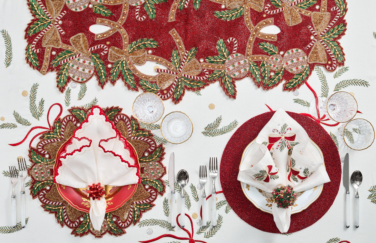 Candy Cane Bow Red/Green/Gold Table Runner Detail 2 | Kim Seybert at Fig Linens and Home
