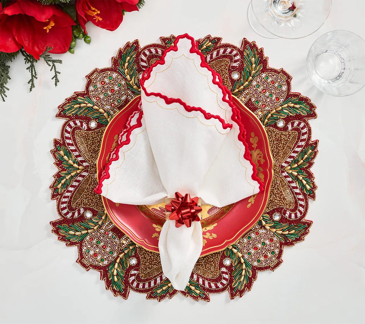 Holiday Bow Red/Gold Napkin Ring Detail 2 | Kim Seybert at Fig Linens and Home