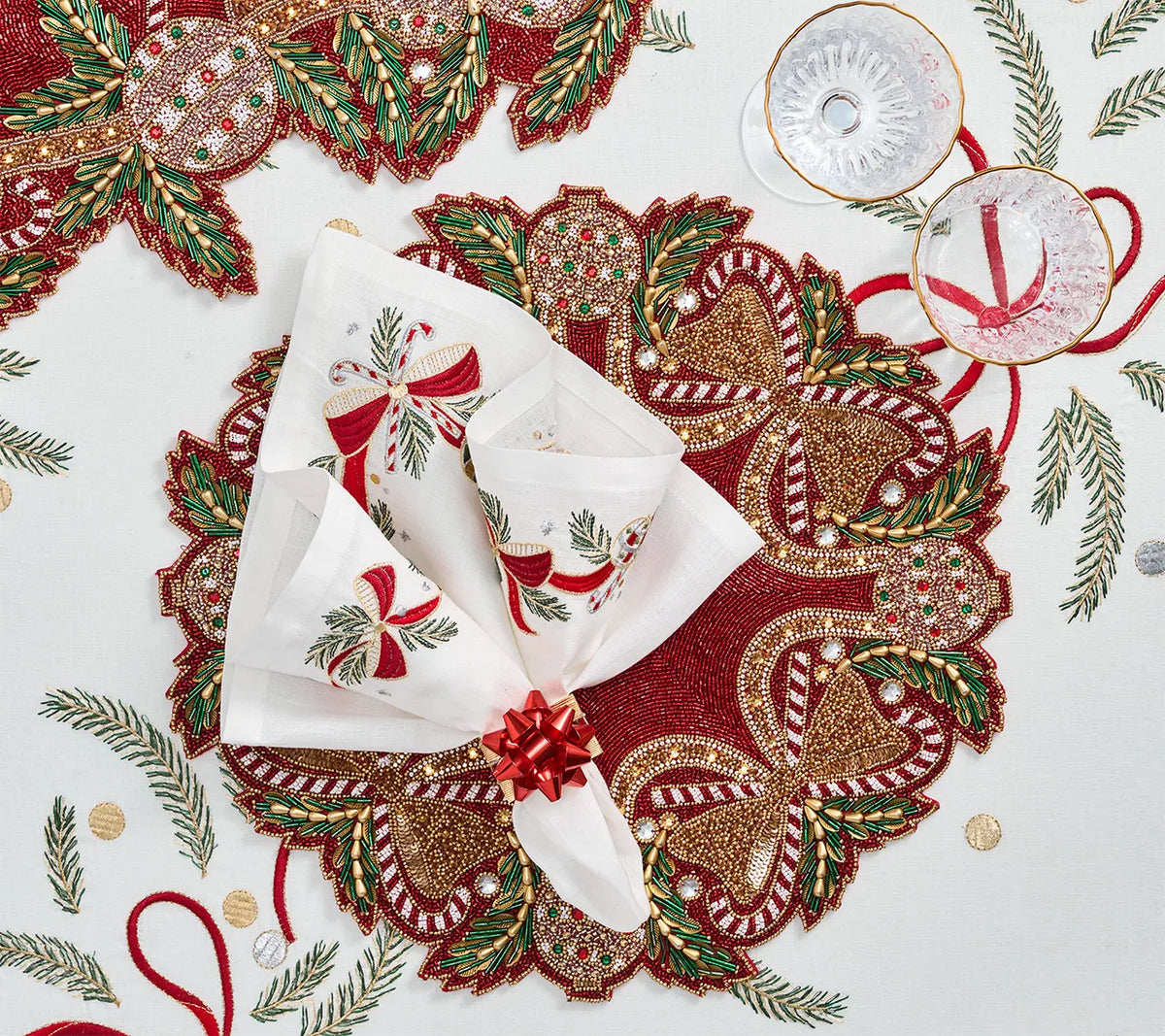 Candy Cane Bow Red/Green/Gold Placemat Detail 2 | Kim Seybert at Fig Linens and Home
