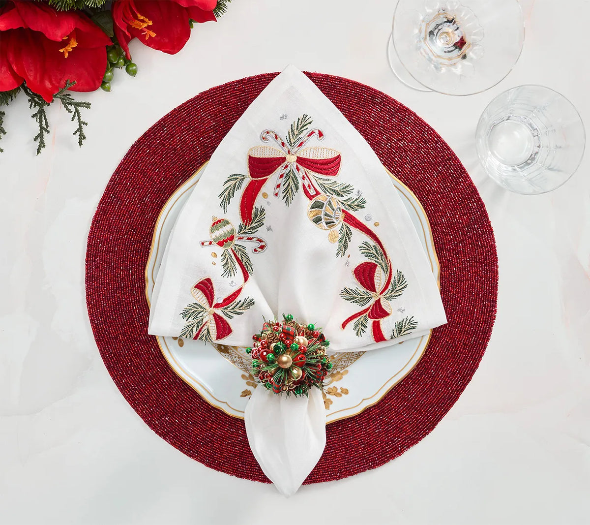 Tinsel Tree Red/Green/Gold Napkin Ring Detail 3 | Kim Seybert at Fig Linens and Home