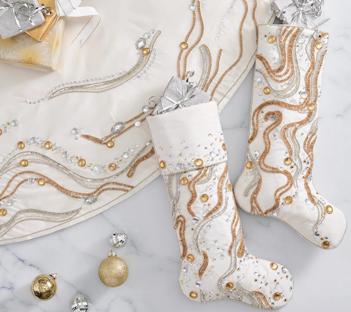 Gilt Wave Gold/Silver Tree Skirt Detail 3 | Kim Seybert at Fig Linens and Home