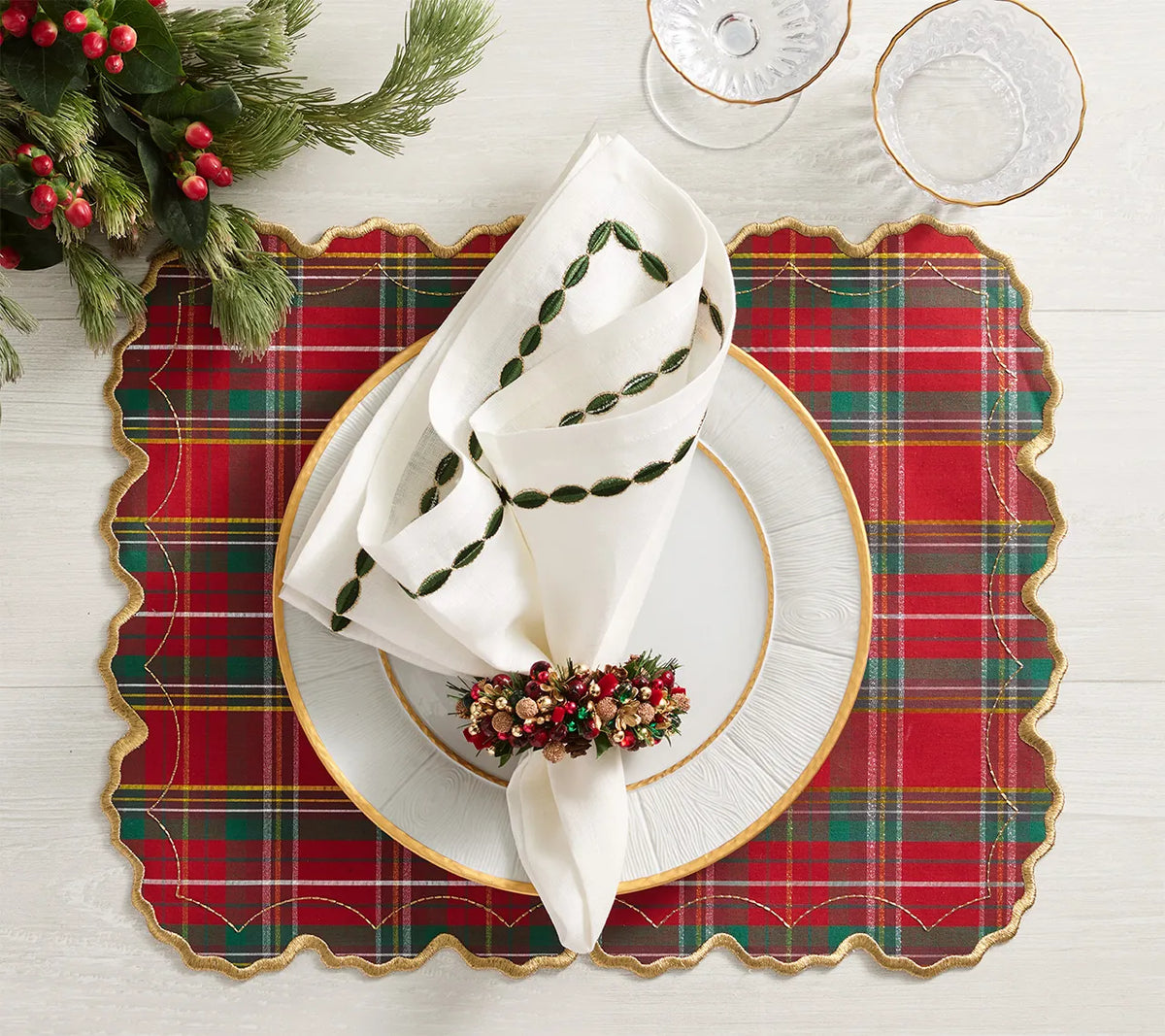 Tinsel Bow Red/Green/Gold Napkin Ring Detail 2 | Kim Seybert at Fig Linens and Home