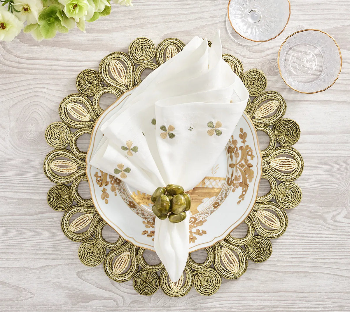 Clover White/Sage Napkin Detail 2 | Kim Seybert at Fig Linens and Home