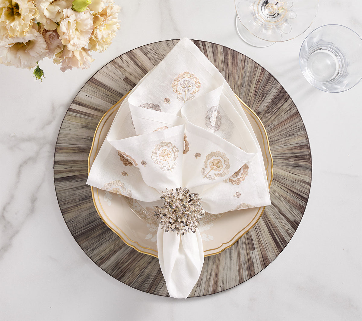 Carnation Napkin in White, Natural & Gray by Kim Seybert