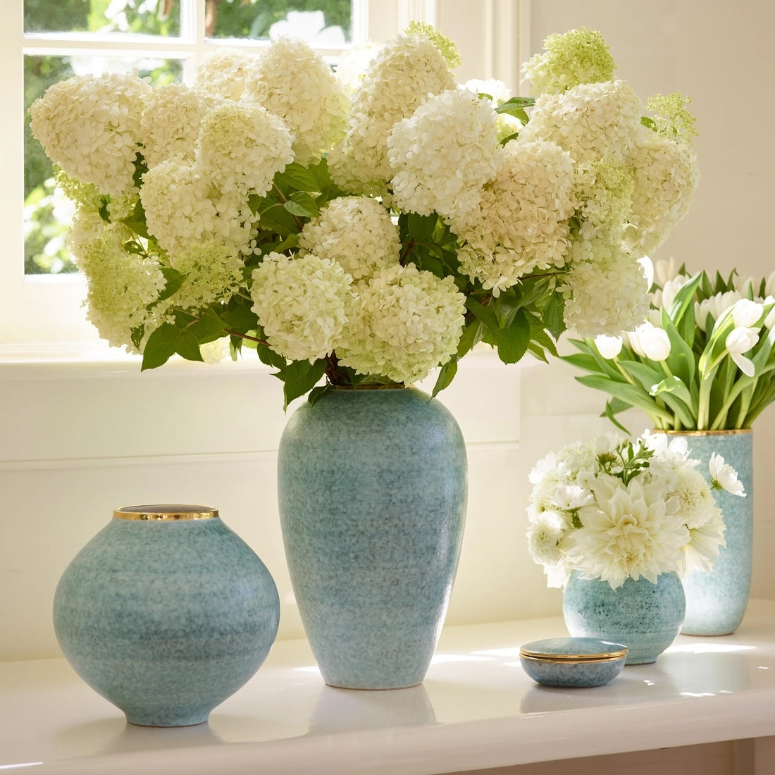 AERIN Calinda Tapered Vase in Blue Grotto at Fig Linens and Home - Lifestyle View