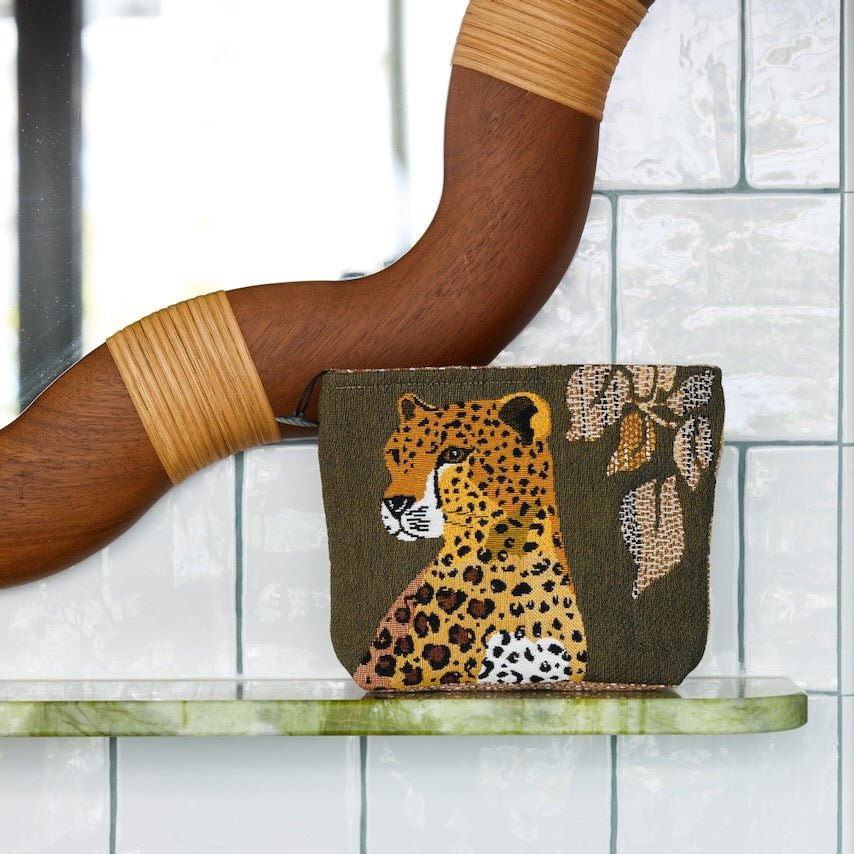 Yves Delorme Ophelia Kaki Tote at Fig Linens and Home - Front of Cosmetic Pouch - Lifestyle