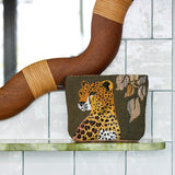 Yves Delorme Ophelia Kaki Tote at Fig Linens and Home - Front of Cosmetic Pouch - Lifestyle