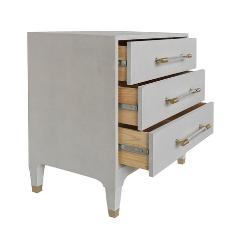 Worlds Away Amber Three Drawer Chest in Light Grey at Fig Linens and Home - Drawers Open View