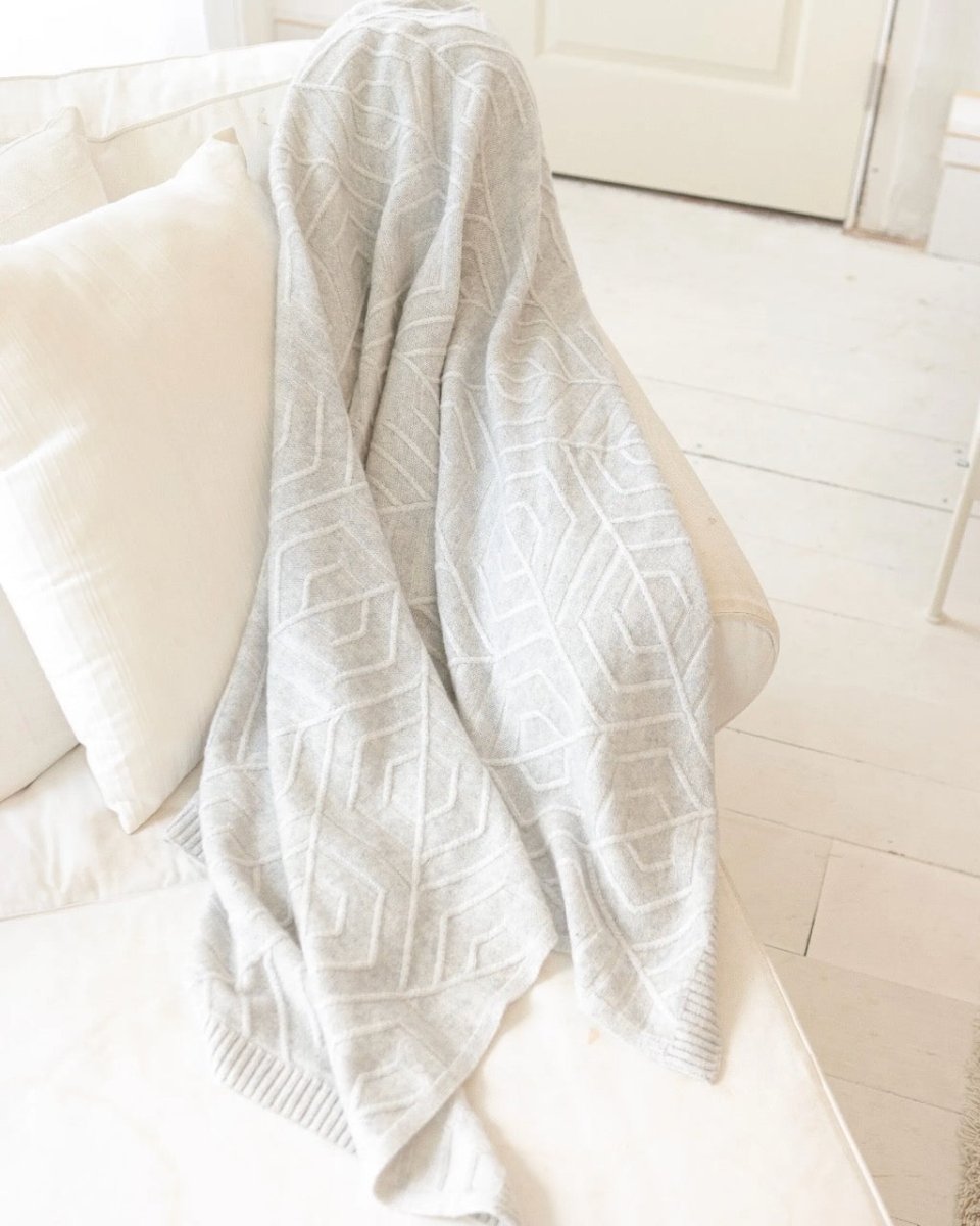 Cashmere Throw Blanket - Alashan Cashmere French Deco Knit in Sea Salt on Sofa