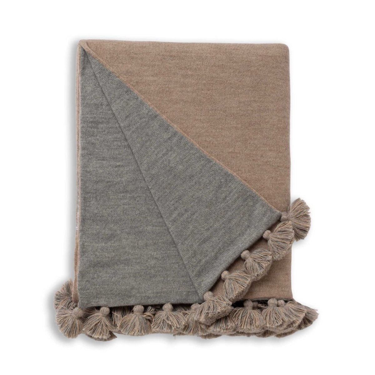 Alicia Adams Alpaca Bali Pompom Throw in Light Taupe and Light Grey | Luxury Throw Blankets at Fig Linens and Home