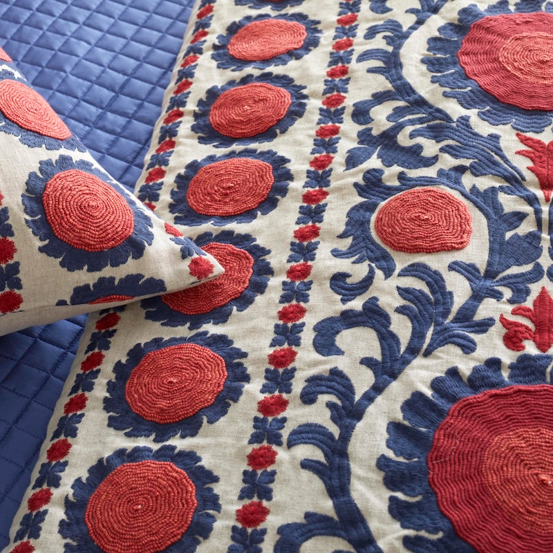 Suzani Throw Indigo Detail - Ann Gish - Bed End  Met Collection