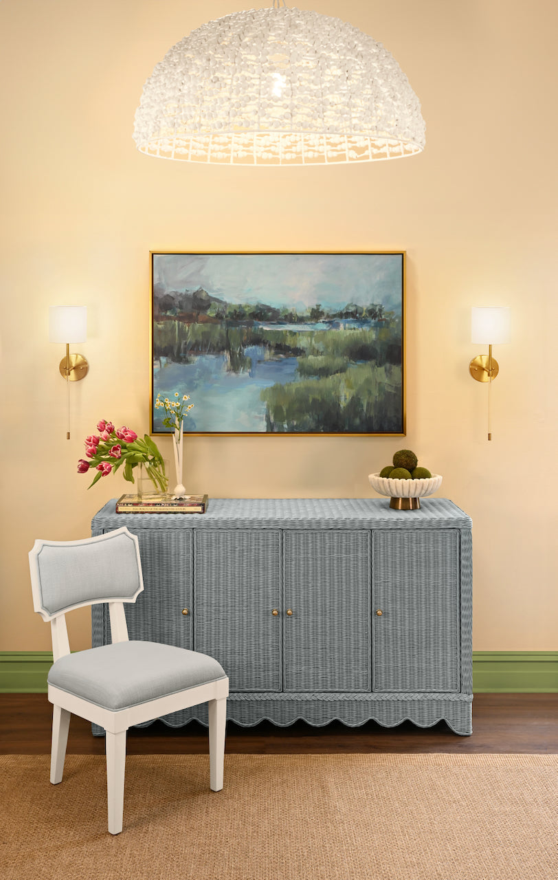 Hayden Light Blue Dining Chair | Worlds Away Bow Back Chair Lifestyle View at Fig Linens and Home