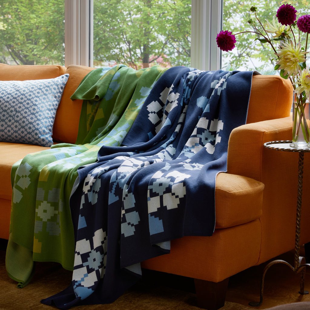 Banhi Sage Green Throw Blanket by John Robshaw at Fig Linens and Home on Sofa
