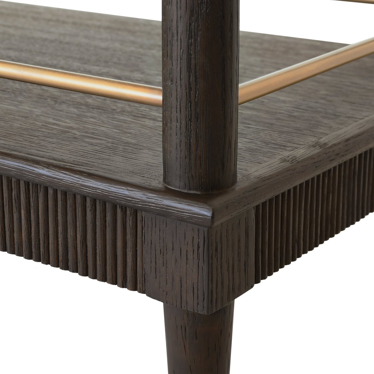 Bar Cart Brass Detail View - Dublin Espresso Oak Bar Cart by Worlds Away at Fig Linens and Home