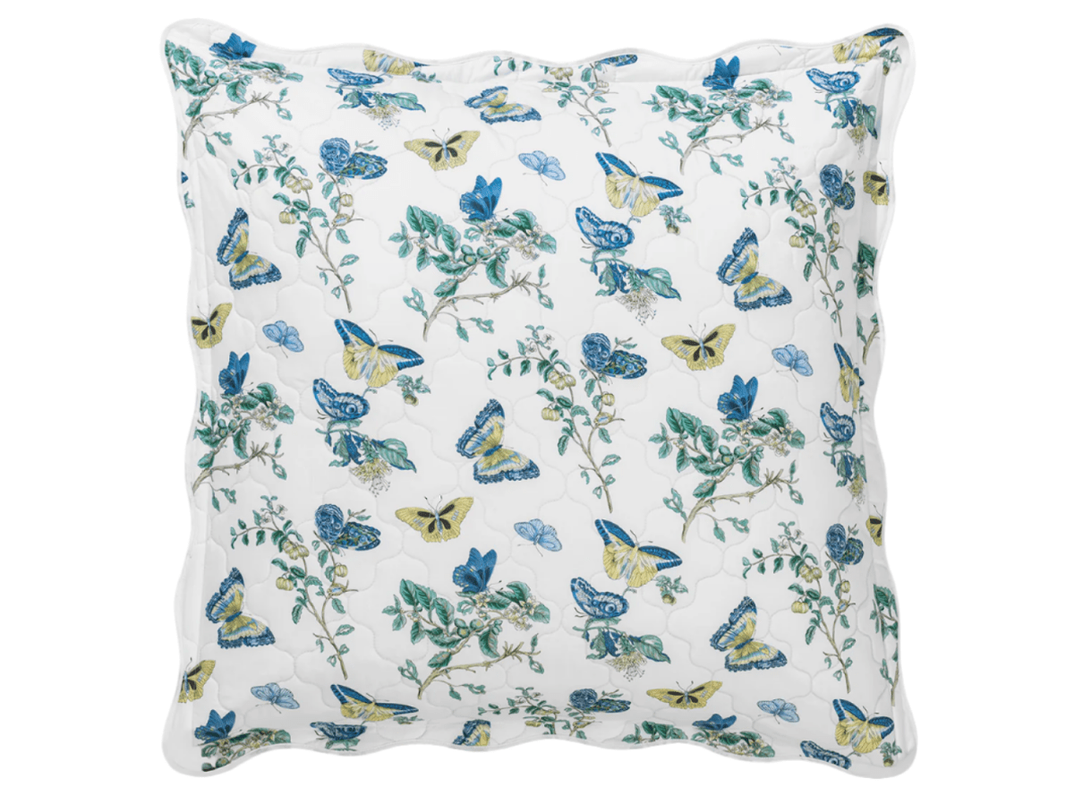 Baudin Butterfly Quilted Euro Sham 27 x 27, 1" flange Prussian Blue | Matouk Schumacher at Fig Linens and Home