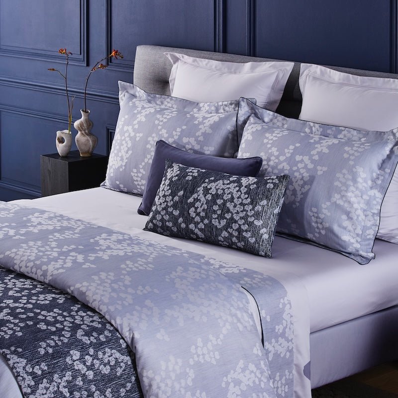 Yves Delorme Estampe Bedding - Silver and Blue Jacquard Bed Set shown in Blue Bedroom - View 2