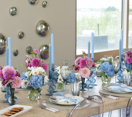 Bella Cadet Blue Short Candlesticks - Kim Seybert Glass Candle Holders 3