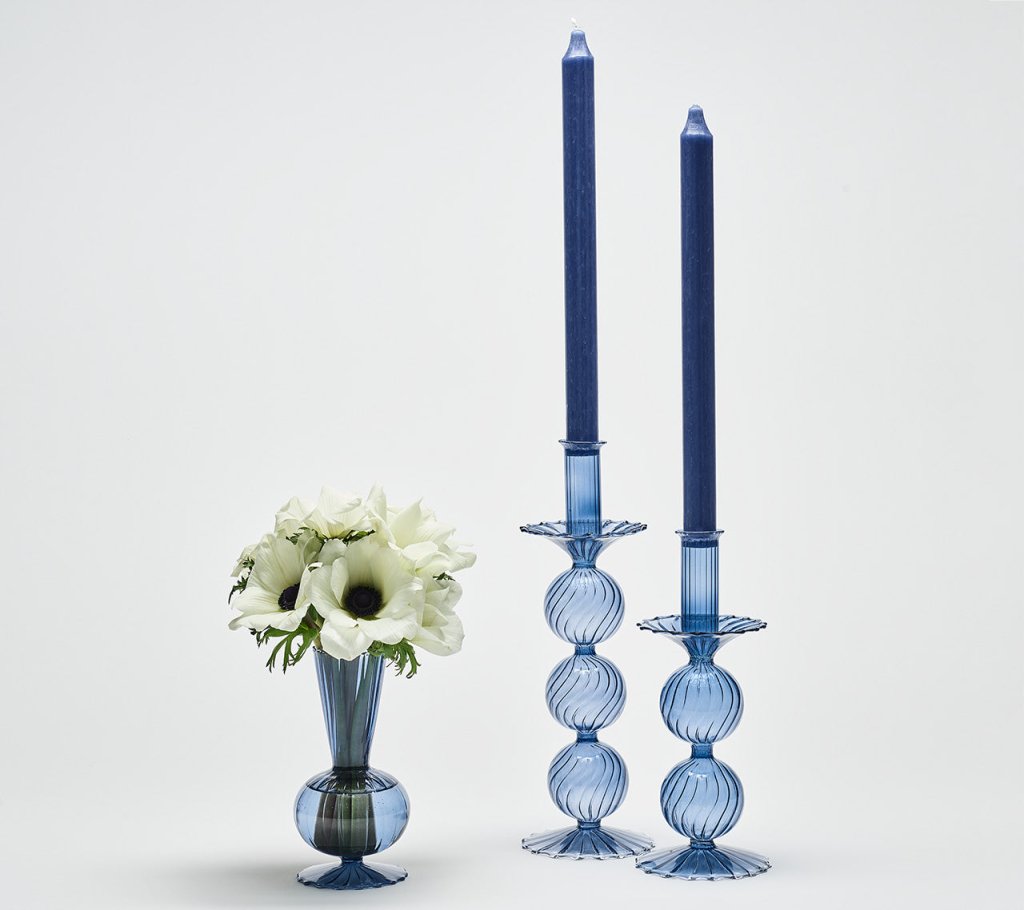Bella Cadet Blue Short Candlesticks - Kim Seybert Glass Candle Holders 4