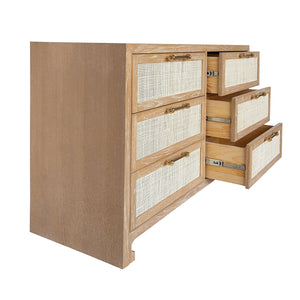 Carla Cerused Oak and Cane Dresser by Worlds Away | Chest of Drawers Open Drawer Detail