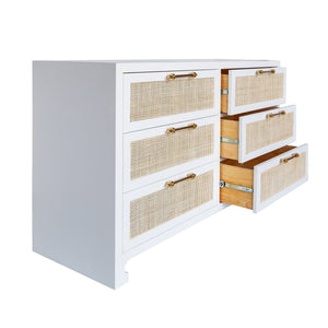 Carla White and Cane Dresser by Worlds Away - View of Open Drawers on Chest